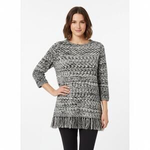 EUC Valerie Stevens Black White Cotton Blend Sweater Tunic Fringe Hem Boho Chic